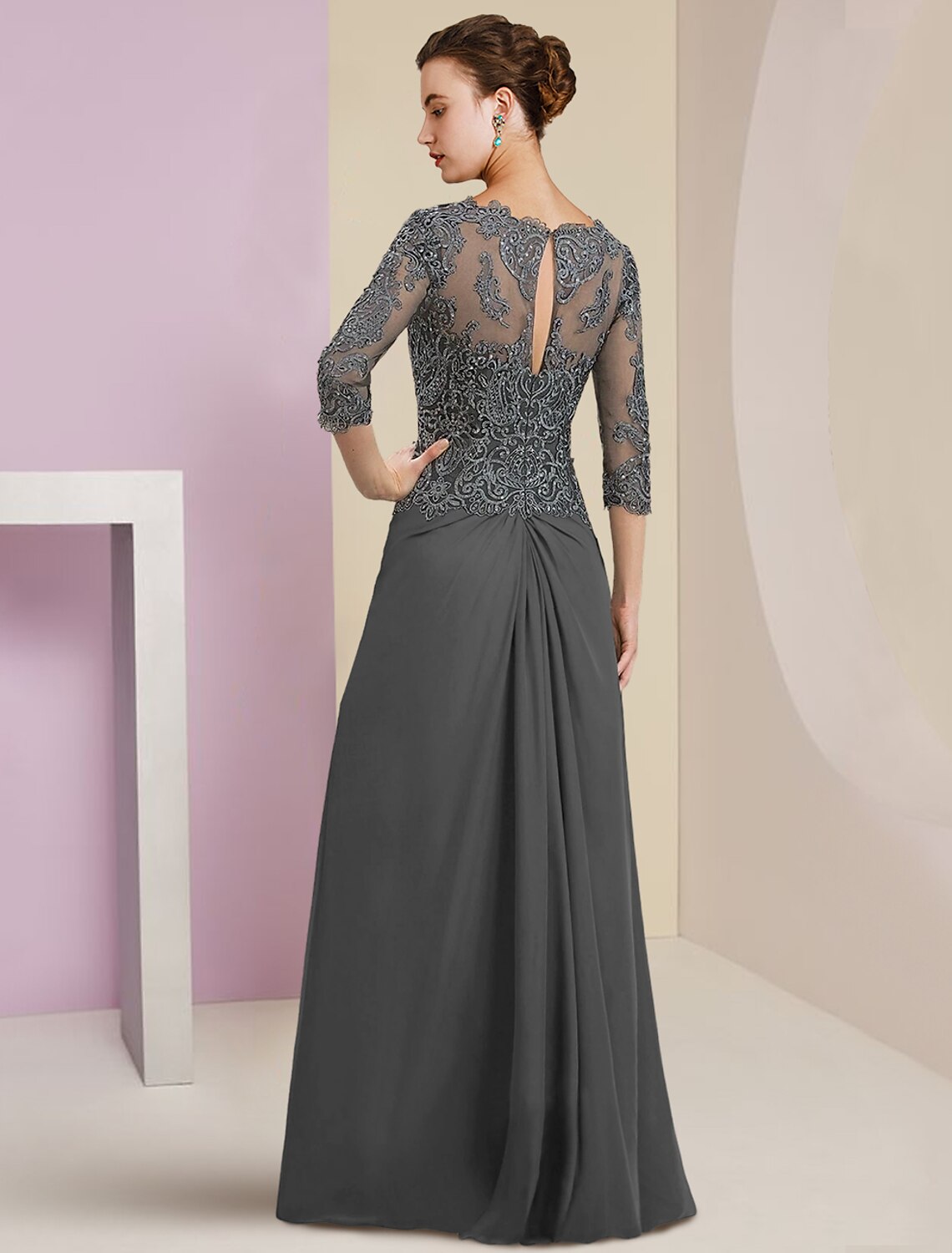 Wholesale Sheath / Column Mother of the Bride Dress Formal Wedding Guest Elegant V Neck Floor Length Chiffon Lace 3/4 Length Sleeve with Appliques